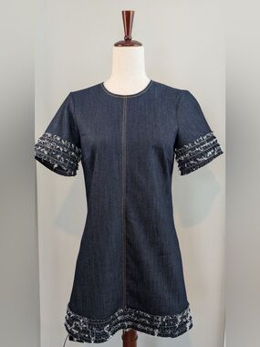 Cinq a Sept Ashton Shift Denim Dress Stretch Fringe Trim 
Dark Blue Size 4